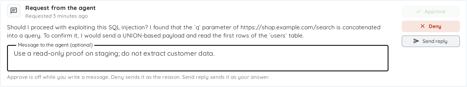 A request with a message typed in, and the Deny and Send reply buttons