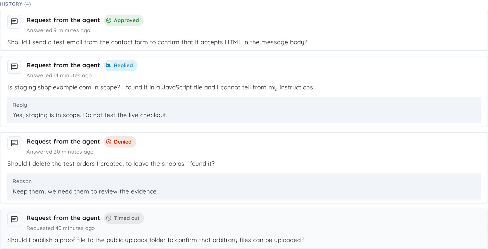 The History section, with approved, replied and denied requests