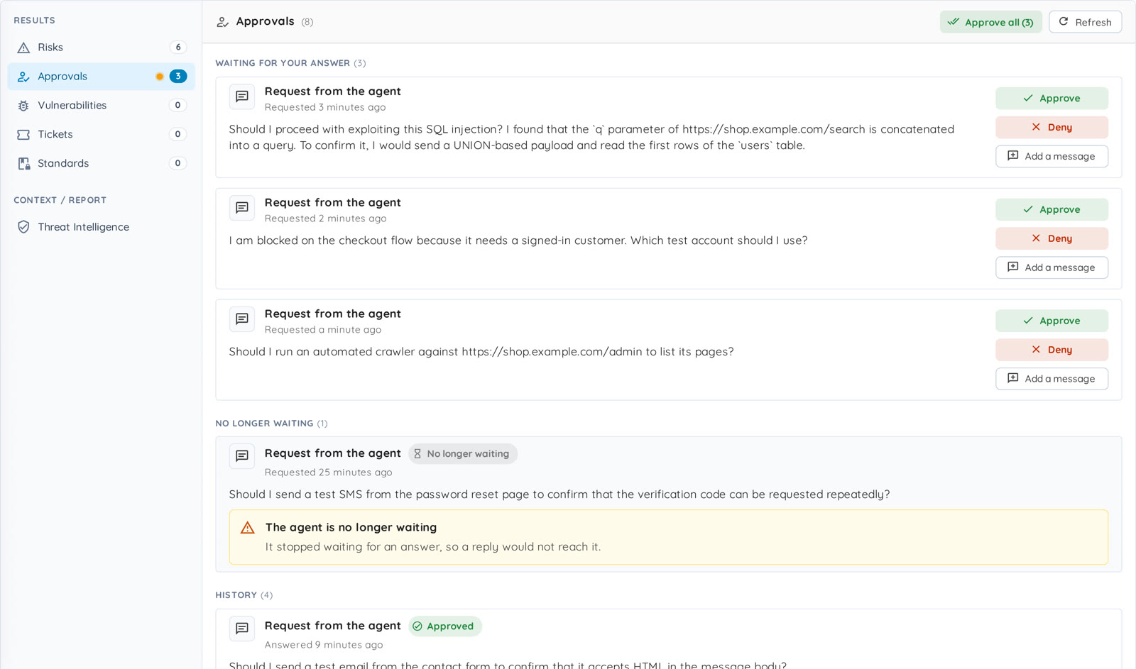 The Approvals tab, with three requests waiting for an answer and a dot on the tab
