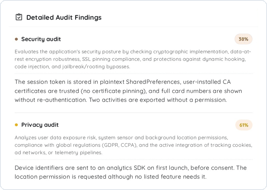 Detailed audit findings explaining the security and privacy scores of a vetted app