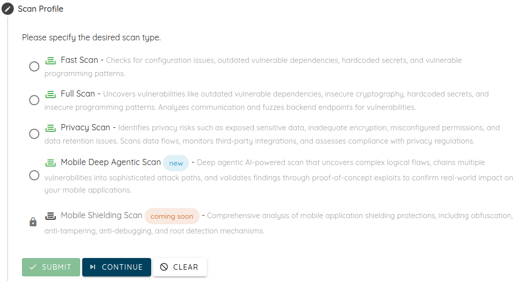 Image showing Ostorlab different scan profiles including shielding scan