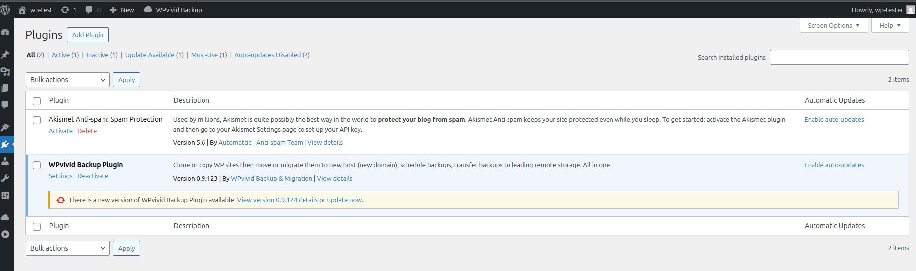 WPvivid v0.9.123, update pending WordPress admin showing WPvivid v0.9.123 installed with update to 0.9.124 pending