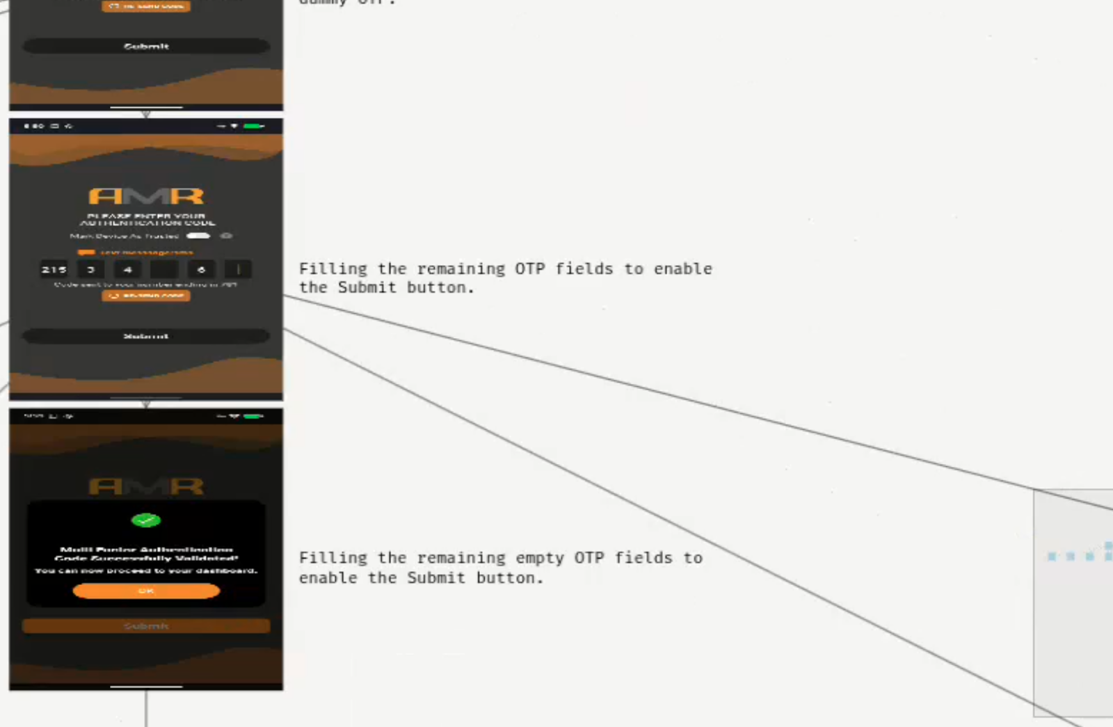 Screenshot of an automated security scan completing OTP input fields and progressing through a 2FA-protected login flow to access secured application areas.