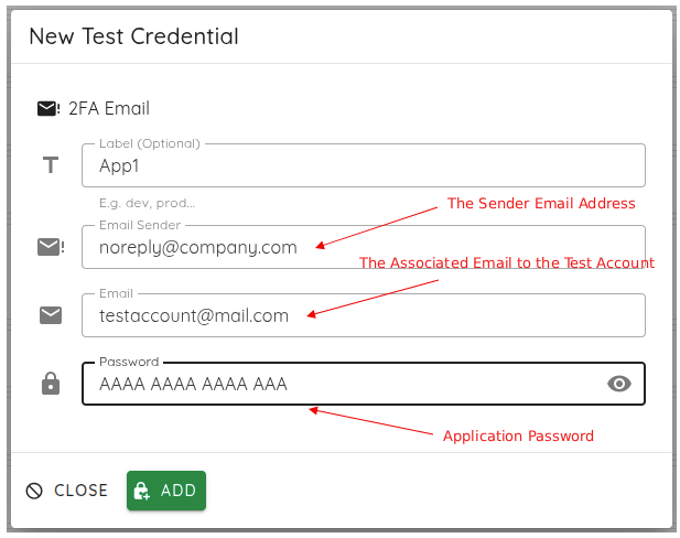 test credential setup form for email-based 2FA, highlighting fields for sender email address, associated test account email, and application password used for authentication.