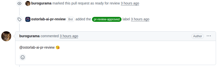 Engineer replying to AI reviewer with kiss emoji