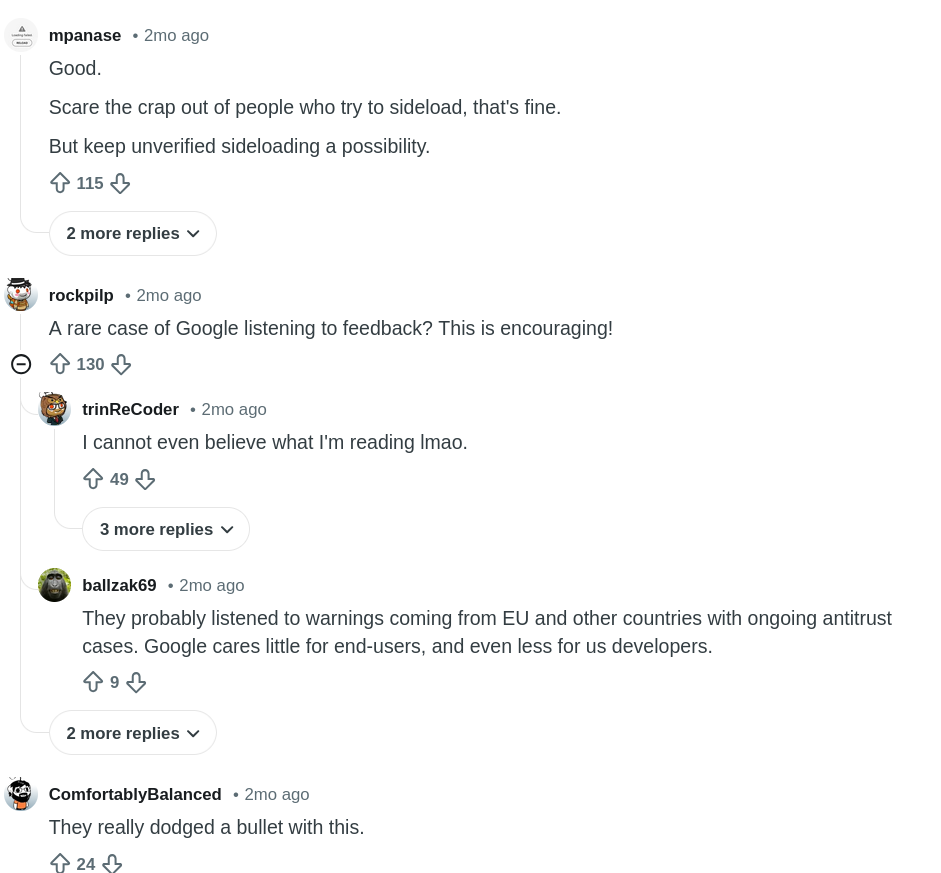 A Reddit thread where users express relief that Google is maintaining the ability to sideload apps on Android following user feedback.