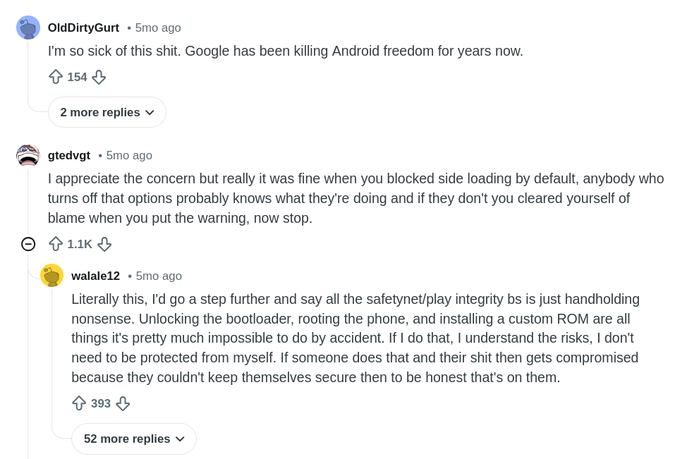 A Reddit thread of users expressing frustration over Google's restrictions on sideloading, arguing that these security measures limit "Android freedom" for power users.