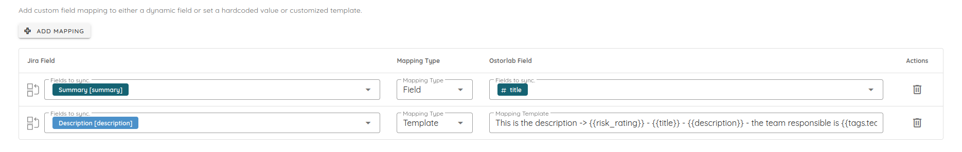Jira Integration: Template Mapping