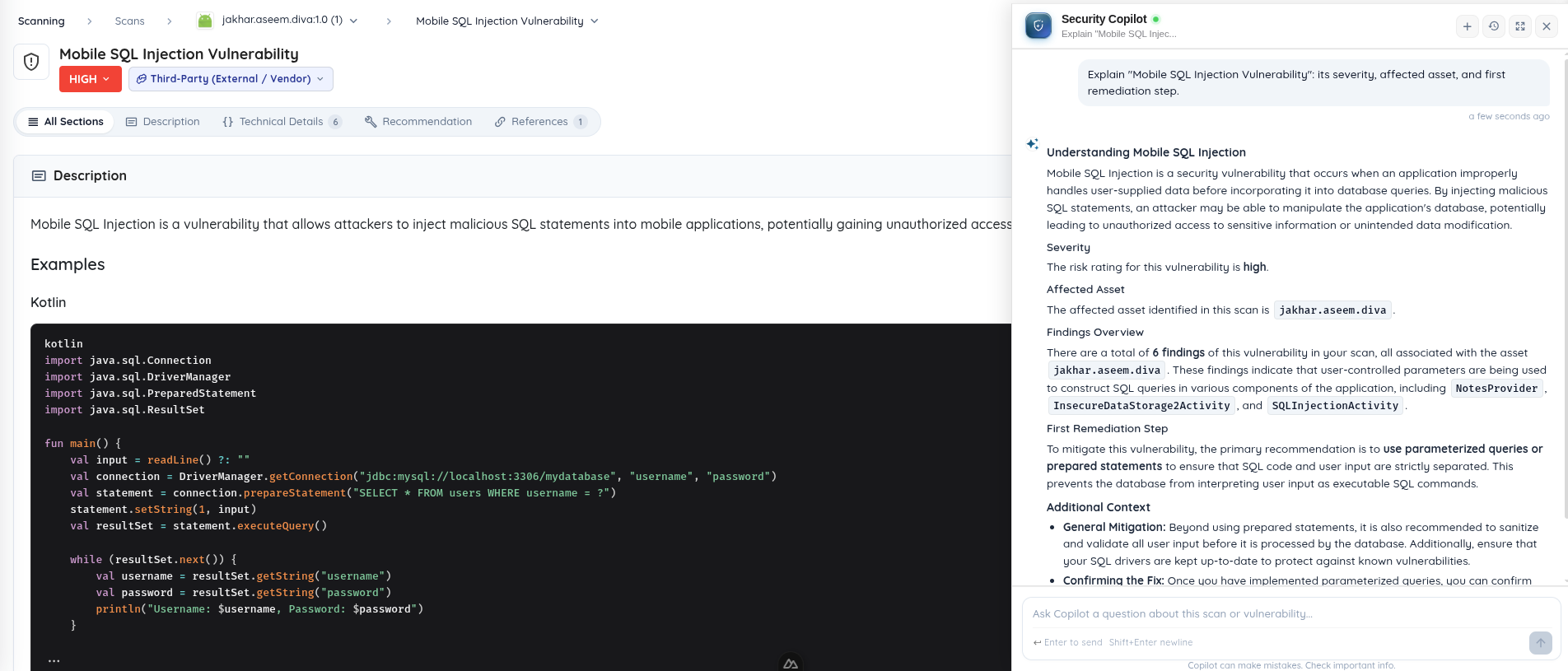 Security Copilot explains a Mobile SQL Injection finding in the deliberately vulnerable DIVA demo application