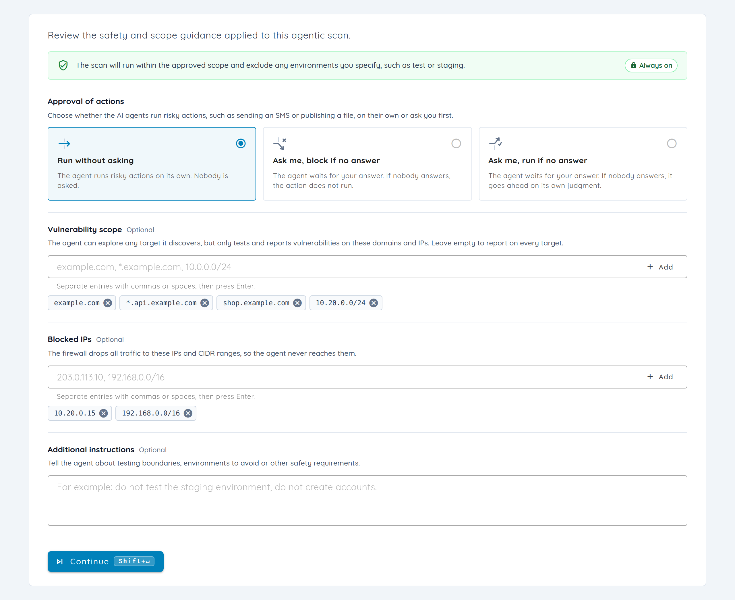 Scan setup with testing instructions, permitted scope, and network exclusions