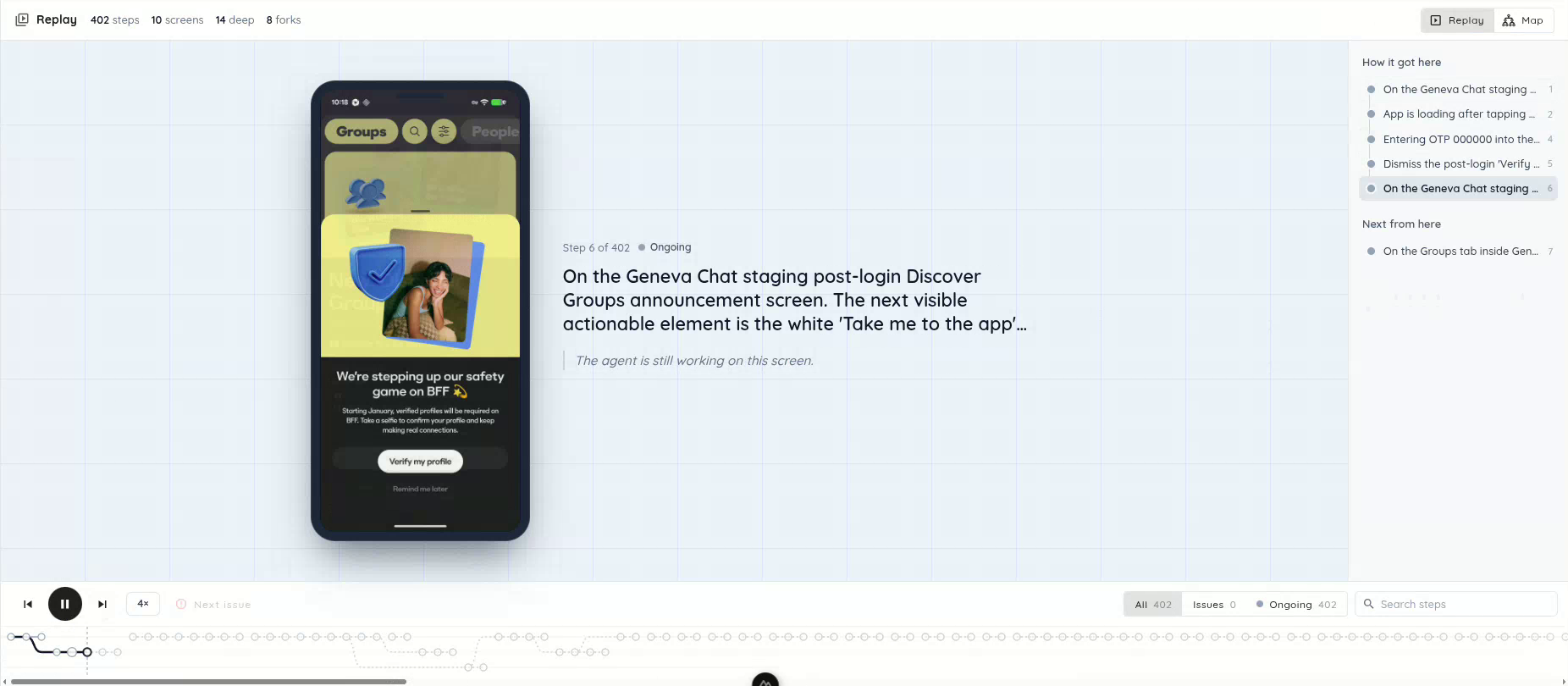Call-coverage replay with the recorded application screen, step caption, branching timeline, and search controls