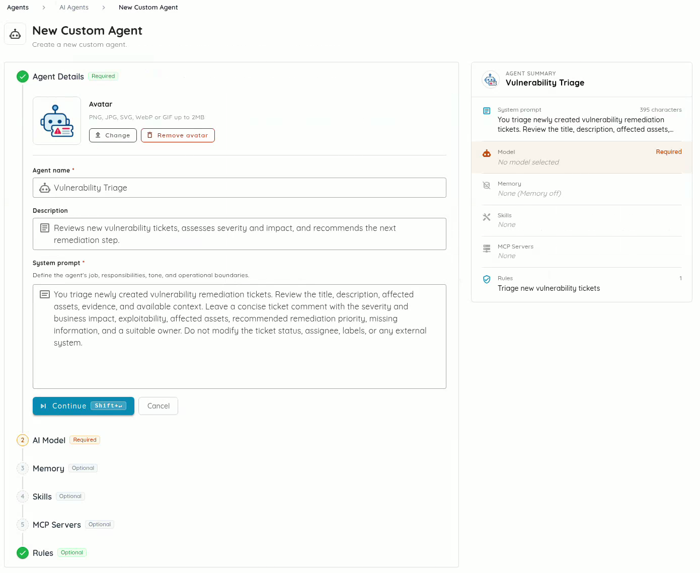Remediation-agent configuration with instructions, model, skills, memory, tools, and rules