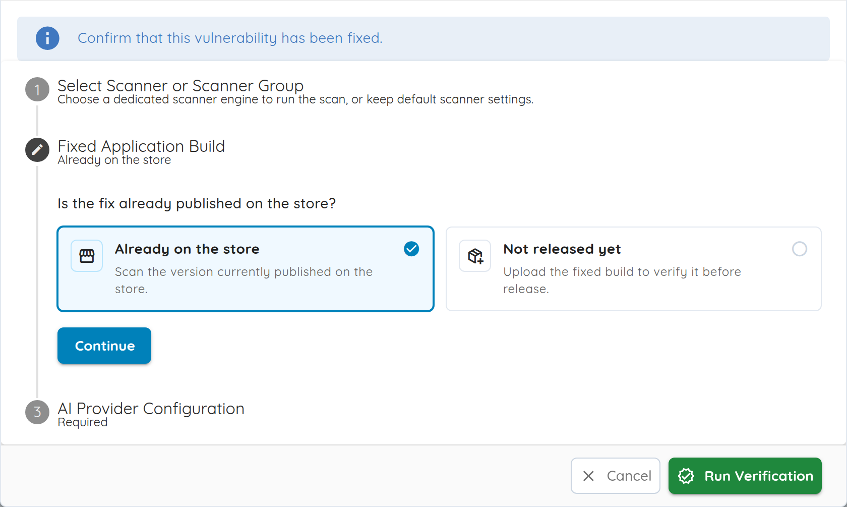 Verify Fix lets a reviewer select an updated target or upload a fixed mobile build