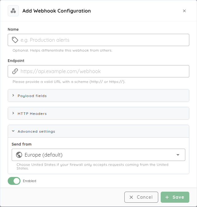 Webhook configuration with delivery-region selection and a test action